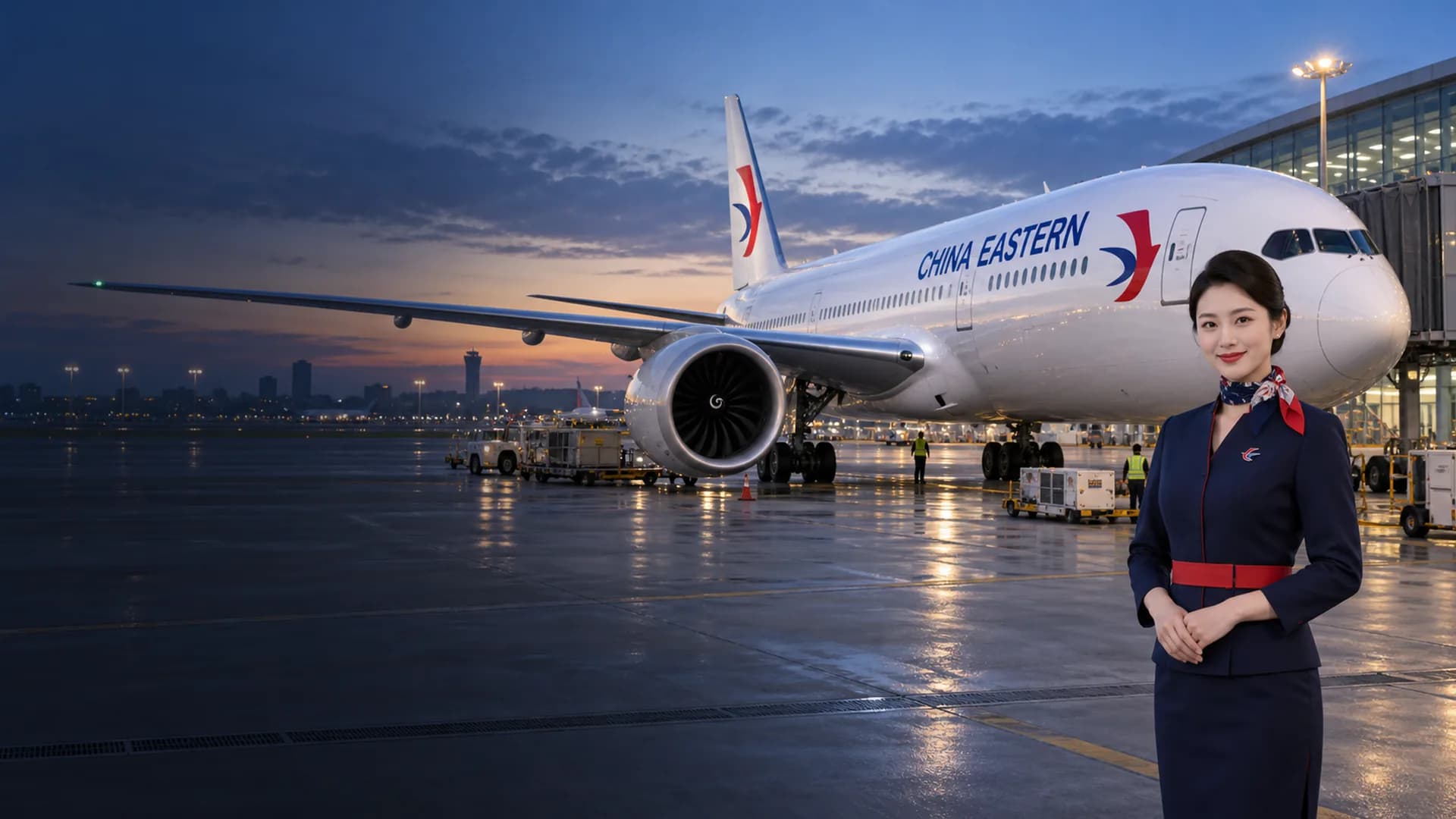 Máy bay và nhân viên China Eastern Airlines tại sân bay quốc tế