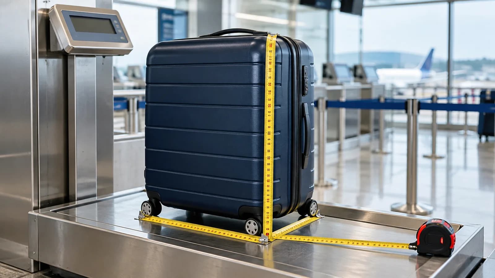 Vali đặt trên cân cùng thước dây để kiểm tra kích thước hành lý China Eastern